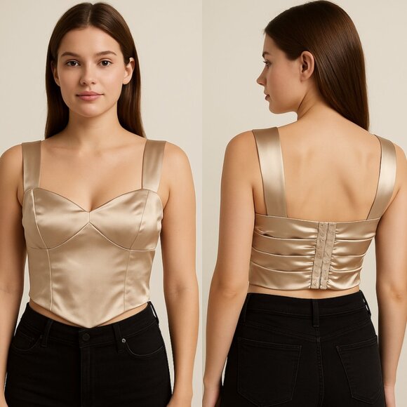 Tic Toc Women's Medium Tan Satin Sleeveless Corset Crop Top - Picture 1 of 5